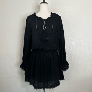 Pearl & Caviar Linen Blend Black Gauzy Raw-Hem Long Sleeves Dress, Size S-M